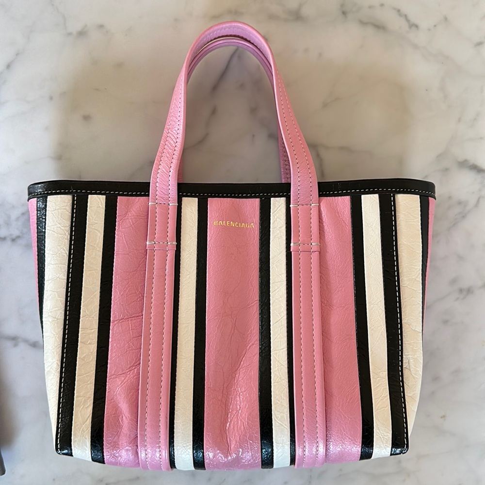 BALENCIAGA Small Barbes East-West Striped Shopper Tote Pink